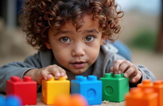 Young refugee child plays with colorful plastic building blocks outdoors. Child looks intently at blocks. Innocent joy, simple fun portrayed. Focus on child expression. Child playing with simple toys. - Powered by Adobe