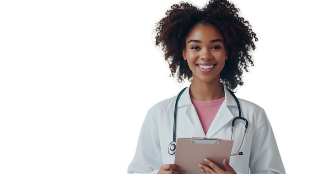Smiling Female Doctor Healthcare Professional Medical Clipboard Stethoscope isolated on transparent background