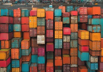 Obraz premium Vibrant Aerial View of Stacked Cargo Shipping Containers in Various Colors at a Busy Port with Cranes and Trucks in the Background