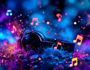 Vibrant Headphones Music Party Neon Background Image