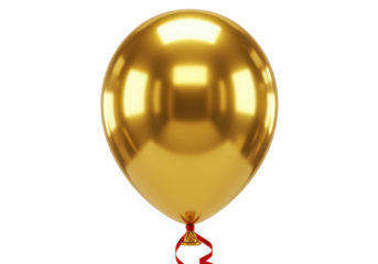 Shiny golden balloon with a curled ribbon attached, floating against a white background