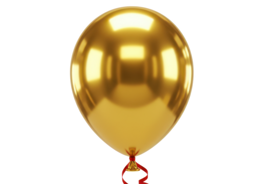 Shiny golden balloon with a curled ribbon attached, floating against a white background