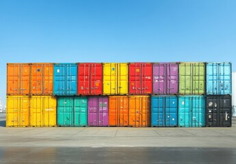 Fototapeta premium Vibrant and Colorful Shipping Containers Stacked at a Port Against a Clear Blue Sky Showcasing a Range of Bright Colors for Urban Industrial Aesthetics