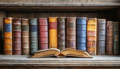 Antique Leather Bound Books Resting On Wooden Shelf