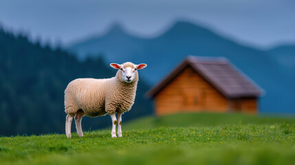 Obraz premium sheep stands peacefully in tranquil field with wooden cabin nearby
