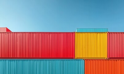Fototapeta premium Vibrant Cargo Containers Stacked Against Clear Blue Sky Showcasing Bold Colors of Red, Yellow, and Teal in a Modern Urban Environment