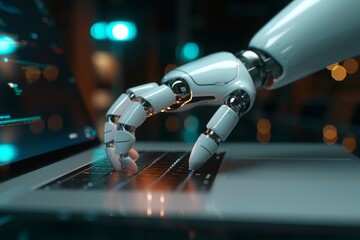 A robot hand interacts with a laptop computer in a dark setting while performing tasks related to technology and computation during nighttime hours
