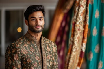 Fototapeta premium A portrait of a man in a traditional Indian sherwani with detailed embroidery. He stands, Generative AI