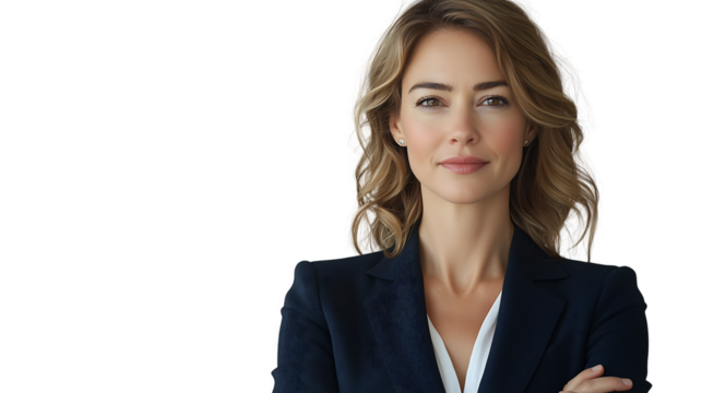 A confident blonde businesswoman in a navy suit, arms crossed, looks directly at the camera with a subtle smile. Professional headshot isolated on transparent background