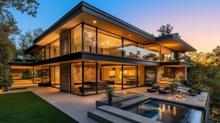 Luxury Modern House with Infinity Pool at Dusk