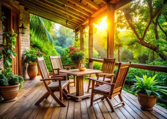 Fototapeta premium Serene Outdoor Porch: Long Exposure Photography of Wooden Furniture & Greenery