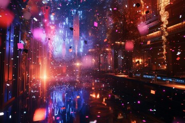 Fototapeta premium A vibrant New Years party celebration featuring fireworks, confetti, and colorful lights illuminating a festive atmosphere along a scenic riverbank at midnight