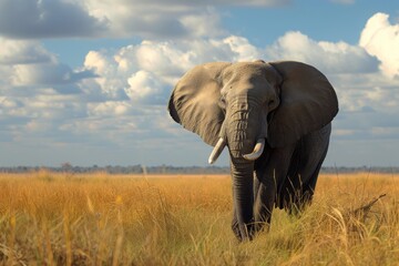Fototapeta premium African elephant walking through the golden grasslands of Chobe National Park in Botswana under a blue sky adorned with fluffy clouds during a sunny day