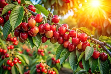 Obraz premium Aerial View Ripe Red Cherries Orchard Branch Tree Fruit Grove Sweet Cherry Harvest