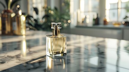 A sleek glass perfume bottle with golden accents sitting on a marble countertop, surrounded by soft natural light.