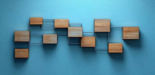 Process Flow Diagram for Business Workflow Automation with Wooden Blocks on Light Blue Background