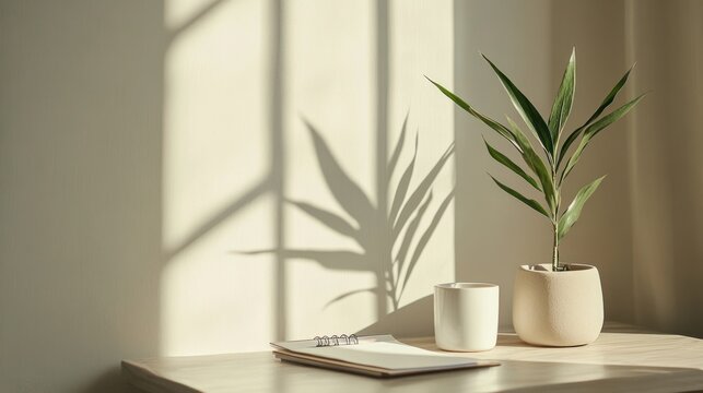 Minimalist workspace with a plant and notepad illuminated by sunlight casting a shadow on the wall