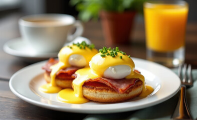 breakfast with coffee and creamy eggs benedict