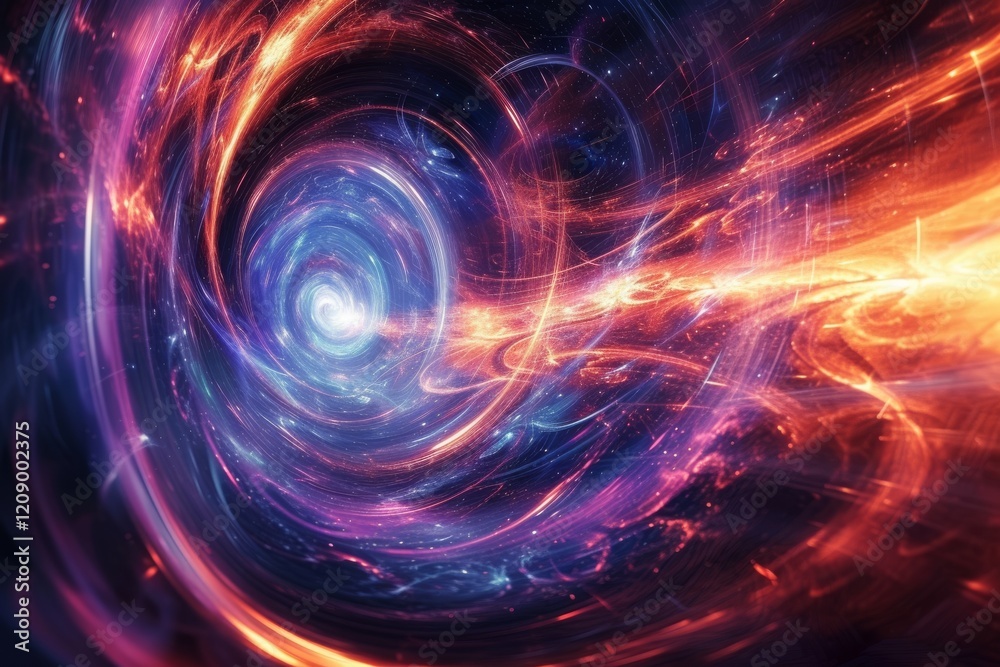 Poster a breathtaking view of swirling magnetic fields distorting time and space within a cosmic vortex, sh