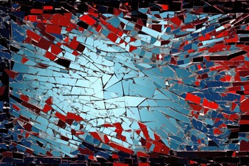 Fototapeta premium An abstract pattern depicting a broken computer screen with fractured glass pieces reflecting shades of blue and red, emphasizing a digital disruption in a modern technological environment