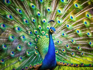 Fototapeta premium Stunning Peacock, Open Tail Feathers, Majestic Bird, Vivid Colors, Nature Photography, Wildlife, Indian Peacock, Bird Photography, Beautiful Peacock