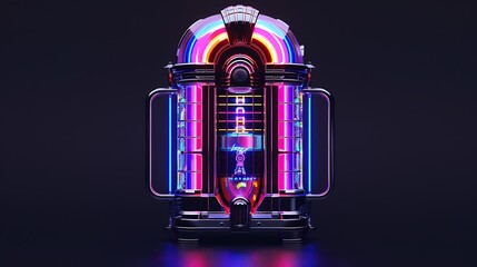 A vibrant jukebox with metallic accents and neon lighting, isolated on a smooth black background.
