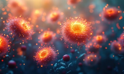 Surreal Virus Representation in Vibrant Orange and Red with Teal Background