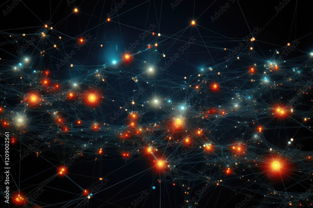 Poster exploring the intricate web of the internet represented as a vast and complex network of glowing lig