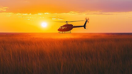 Fototapeta premium Sunset Helicopter Flight Over Grassland