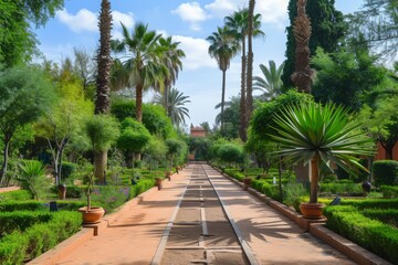 Fototapeta premium Explore the lush gardens and towering trees in the tranquil urban parks of Marrakech during a sunny day
