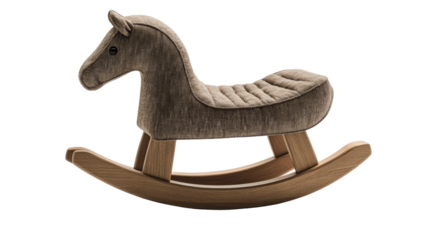Soft rocking horse on a wooden base in a bright, cozy playroom for children’s enjoyment isolated on transparent background