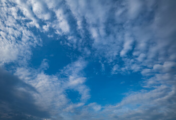 Fototapeta premium white clouds in the blue sky The sun shines through. .birds flying in the sky The wind that blows through.The clouds move and change shape with the force of the wind. .beautiful nature in the sky.