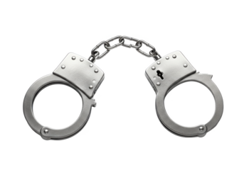 Pair of shiny silver handcuffs with a chain link in the middle, isolated on a white background