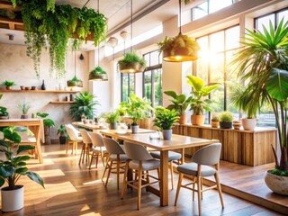 Fototapeta premium Sunlit Minimalist Cafe Interior: Tropical Plants, Wooden Furniture, Marble Counter - Stock Photo