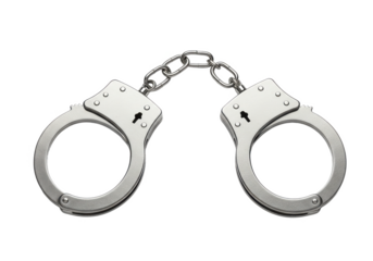 Pair of shiny silver handcuffs with a chain link in the middle, isolated on a white background