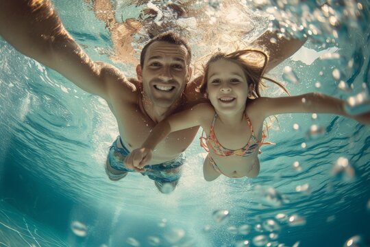 Father and daughters engaging in joyful underwater swimming at a pool during the summer, capturing a moment of family fun and adventure beneath the surface