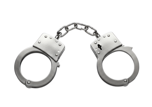 Pair of shiny silver handcuffs with a chain link in the middle, isolated on a white background