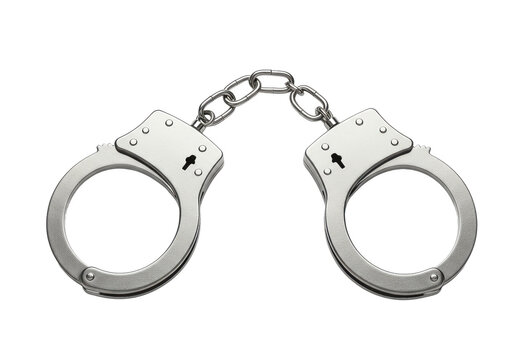 Pair of shiny silver handcuffs with a chain link in the middle, isolated on a white background