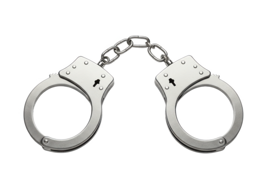 Pair of shiny silver handcuffs with a chain link in the middle, isolated on a white background