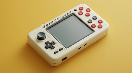 A vintage handheld gaming console with bold buttons and a pixelated screen, isolated on a smooth background.