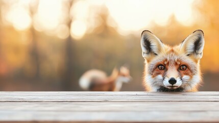 Curious fox peeking over wooden table in forest clearing at sunset