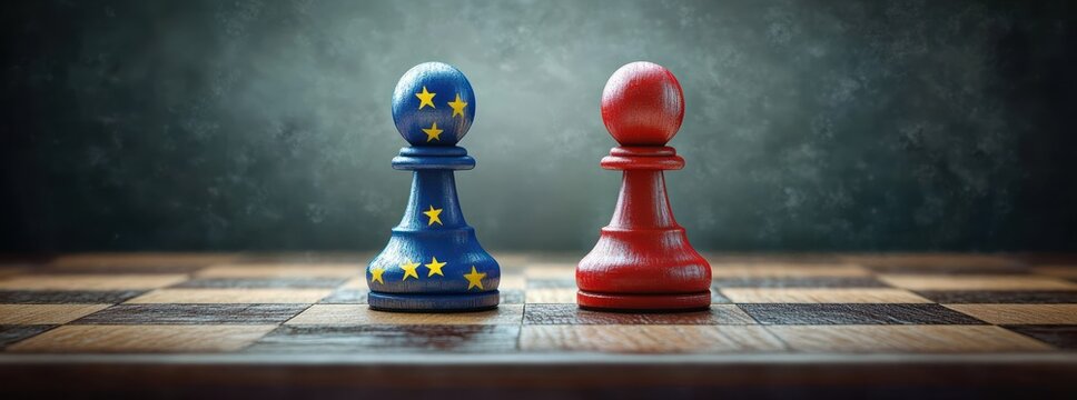 Conflict Between European Union and Russia Represented by Chess Pawns on a Board
