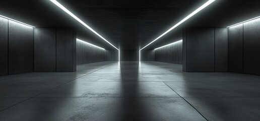 Minimalist Concrete Interior Scene Dark Ambiance High Contrast Geometric Lines Shadows Neon Lights