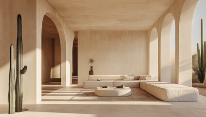 Serene Minimalist Desert Living Room: Beige Tones and Architectural Arches