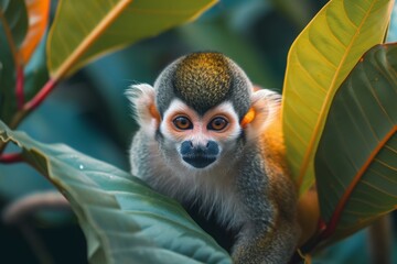 Obraz premium Squirrel monkey explores lush foliage in the Amazon rainforest during a bright afternoon in its natural habitat, showcasing its vibrant features and curious gaze