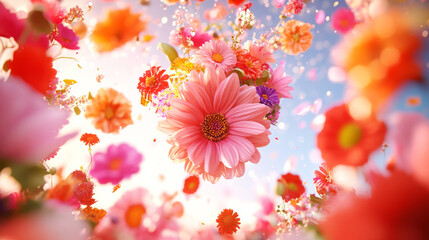 Floral Celebration: A vibrant, kaleidoscopic explosion of colorful flowers erupts against a dazzling sky, radiating joy and exuberance. Each petal bursts with life.