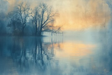Fototapeta premium A tranquil lakeside landscape at dawn, showcasing the serene reflection of bare trees against a canvas of cool blues and warm ochre hues in the early morning light