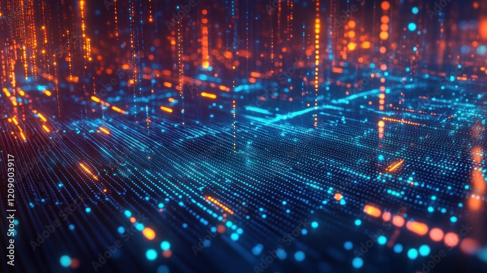 Poster futuristic cyber network and data flow in digital landscape with neon lights and hexagonal grids
