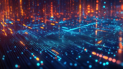 Futuristic Cyber Network and Data Flow in Digital Landscape with Neon Lights and Hexagonal Grids