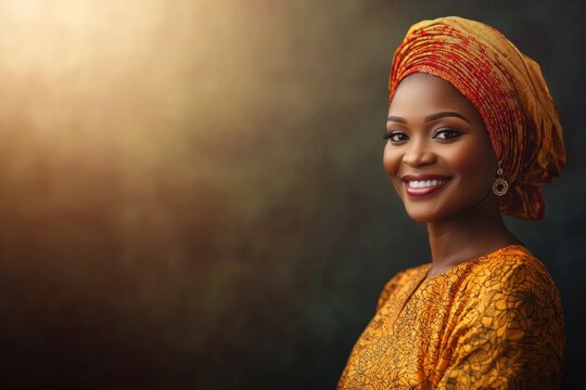 A woman in a bright Nigerian gele and buba smiling confidently. The background, Generative AI